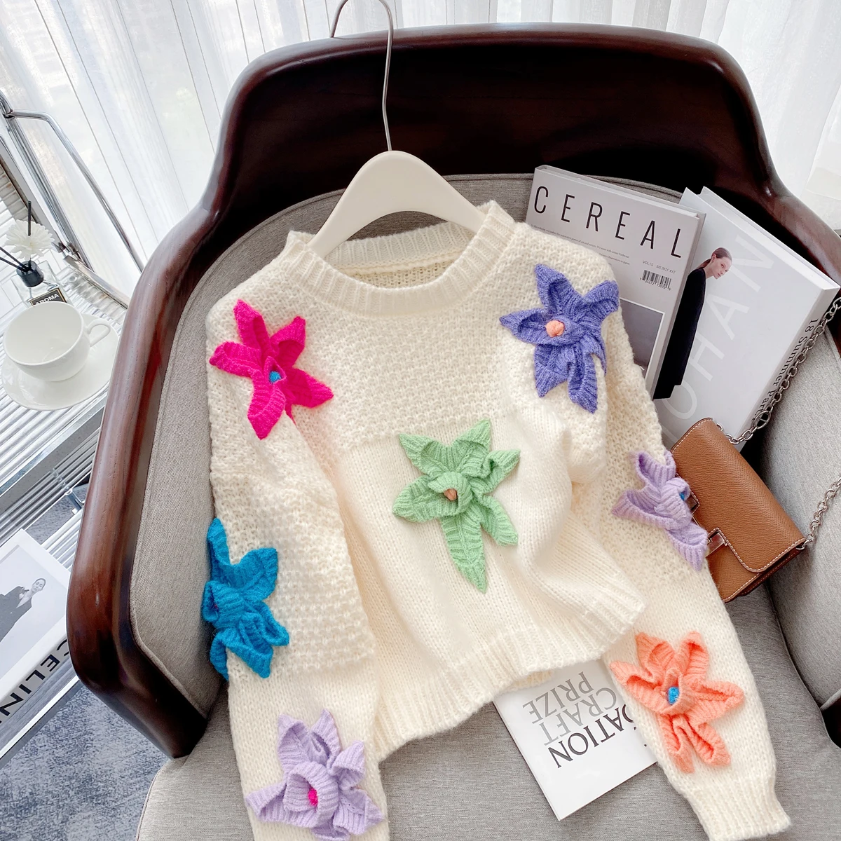 Stylish Hand-made Flower Knit Sweater Pullover Women Autumn Winter Chic Fashion Ladies Tops Long Sleeve O-neck Jumper 2022