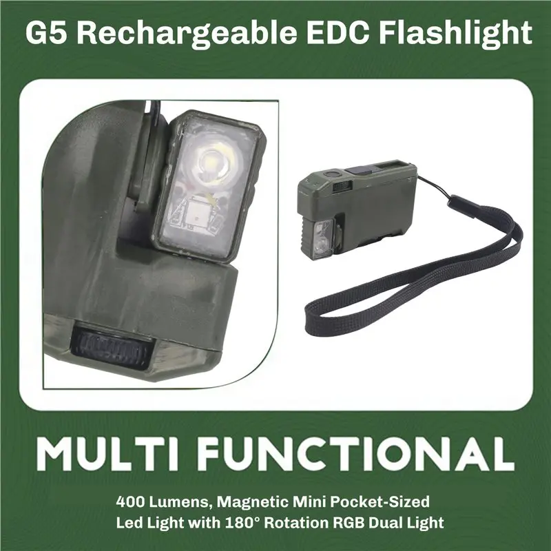 A01F-2X G5 Rechargeable EDC Flashlight, 400 Lumens, Magnetic Mini Pocket-Sized Led Light With 180° Rotation RGB Dual Light