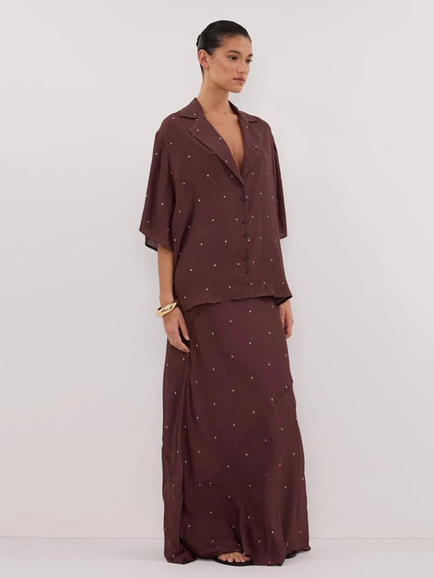 Marthaqiqi Printing Ladies Pajamas Set Half Sleeve Nightgowns Turn-Down Collar Sleepwear Long Skirt Loose Female Nightwear Suits