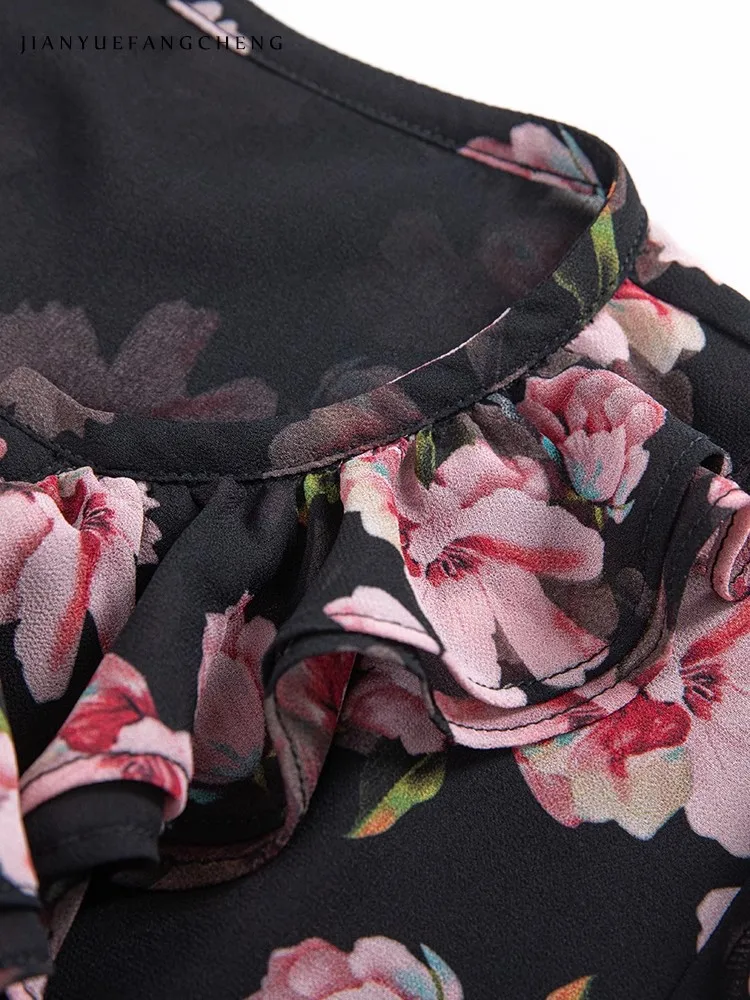 Ganzkörper-Chiffonbluse mit Blumendruck für Damen – Rüschen-Langarmshirt mit Rundhalsausschnitt, locker sitzendes, lässiges Oberteil für Frühling/Sommer
