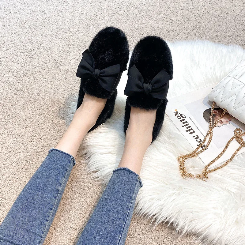 Casual Woman Shoe Female Footwear Loafers Fur Round Toe Elegant Shallow Mouth Moccasin New Dress Winter Slip-On Flock Fabric Can