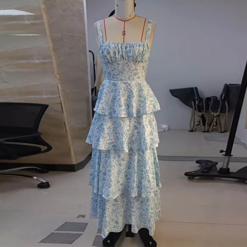 Maemukilabeผู้หญิงBohoดอกไม้MaxiชุดY2kสปาเก็ตตี้Backless RuffleฉัตรFlowyฤดูร้อนBeach Sundress