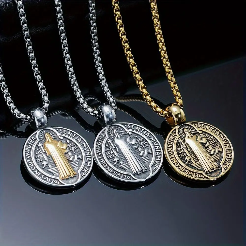 

3Pcs Double Sided Saint Benedict Pendant Necklace Gold Silver Color Comfortable Wear San Benito Necklace Personalized Zinc Alloy