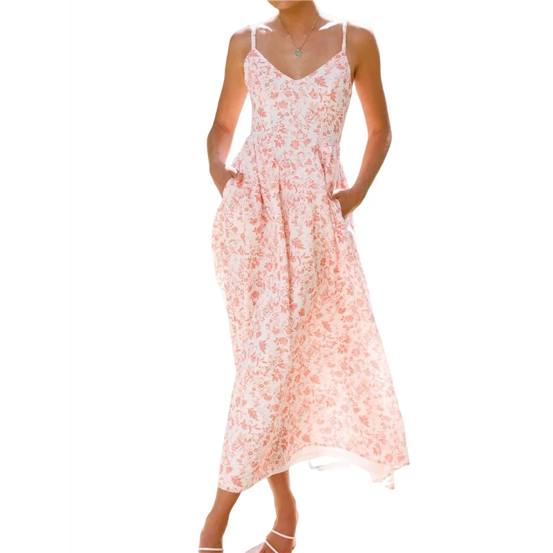 ABRT-Womens 2025 Summer Maxi Dress Sleeveless Floral Smocked Boho Beach Long Dress