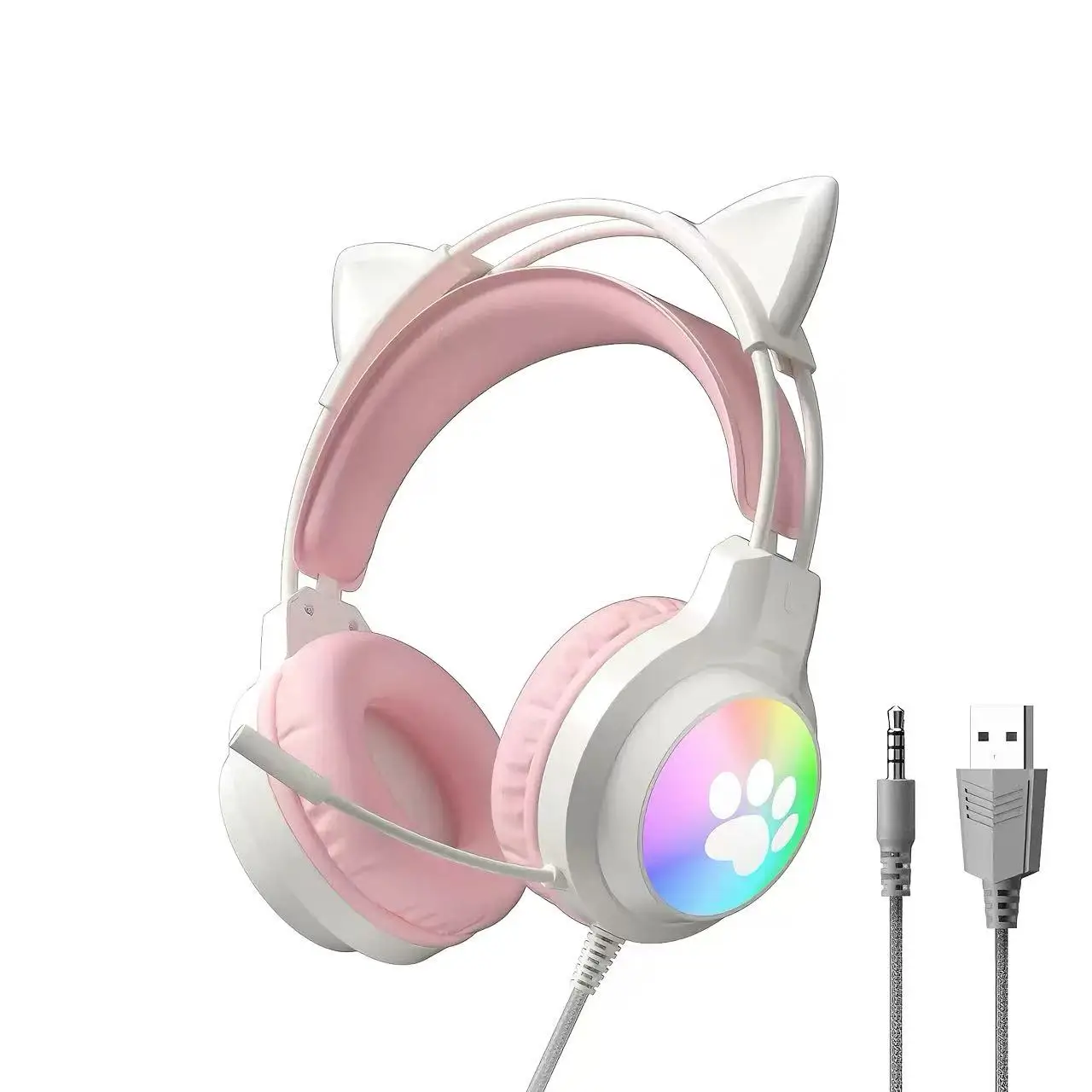 SOYTO Cat Ear Gaming Headset voor Livestream RGB Verlichting Bedrade Over-Ear Hoofdtelefoon Schattig Hoge Esthetiek Geluidsdempend Diepe Bas