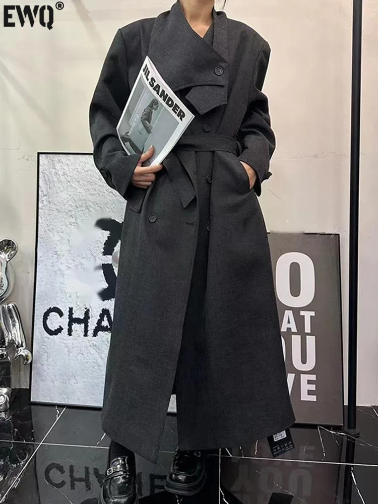 [EWQ] Minimalism Long Sleeve Trench Coat Outwear With Belt Black Tops Women's Windbreaker Loose Outwear 2024 Autumn New 16O2204