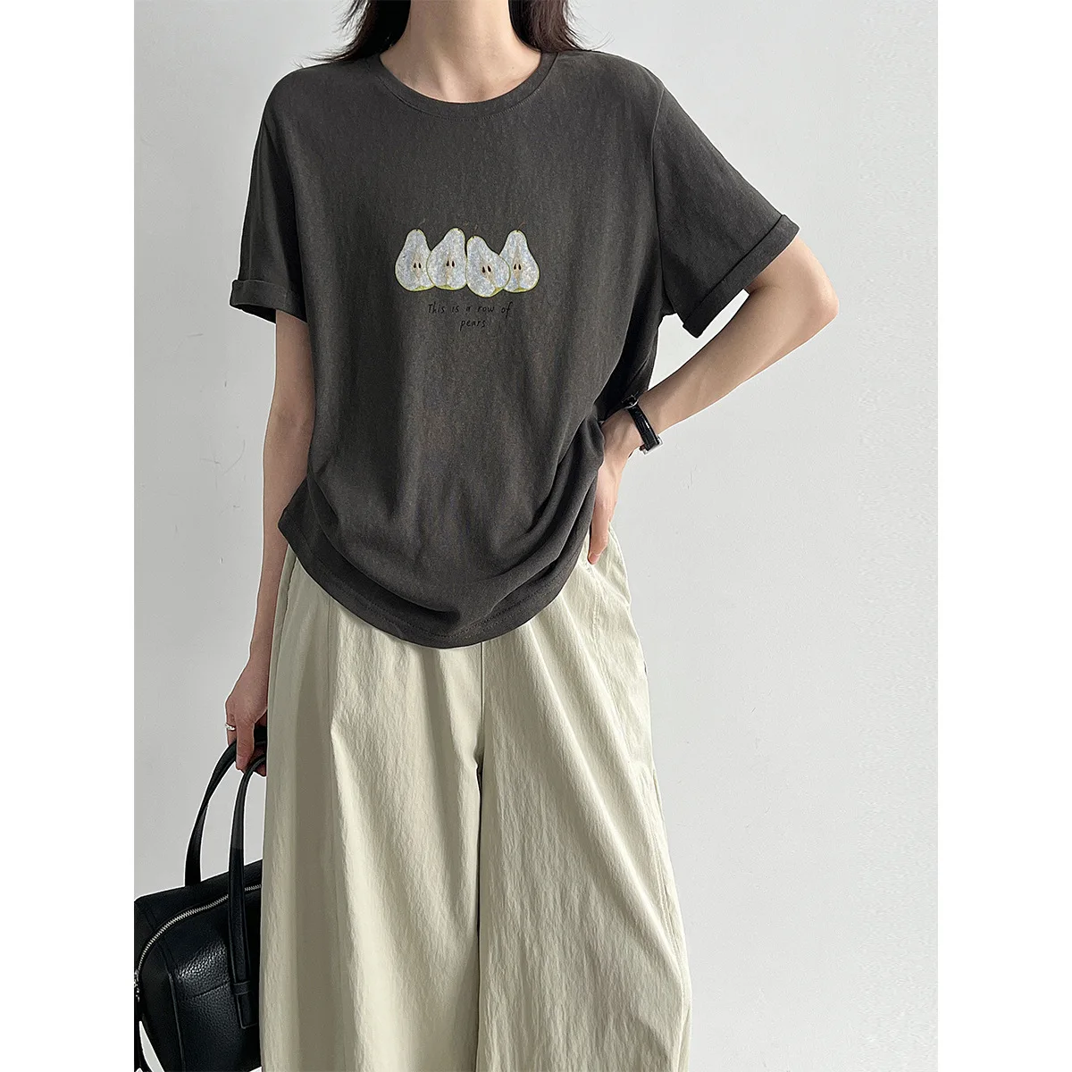 FANAN New Arrival Women Pear Graphic Print Crew Neck T Shirt Light Grey Soft Cotton Loose Short Sleeve Casual Basic Daily Tee