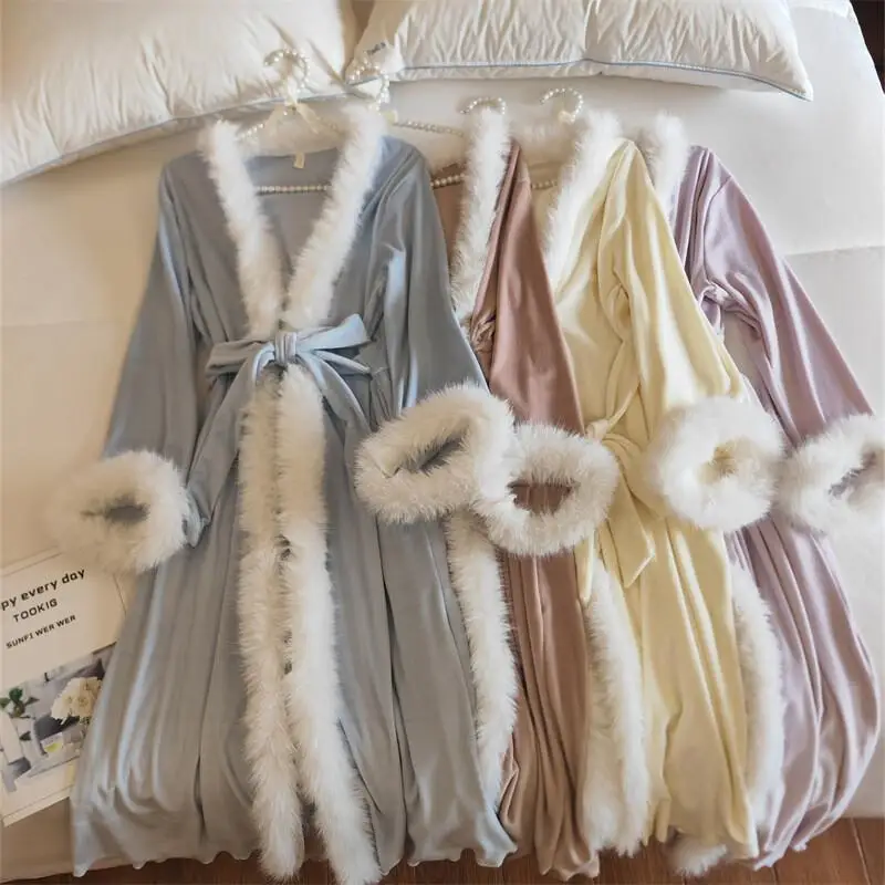 

Pajama Set Comfortable Sleepwear Island Fleece Robe Women Long Sleeve Mid Length Dress Winter Flannel Loungewear Home Wear Cozy