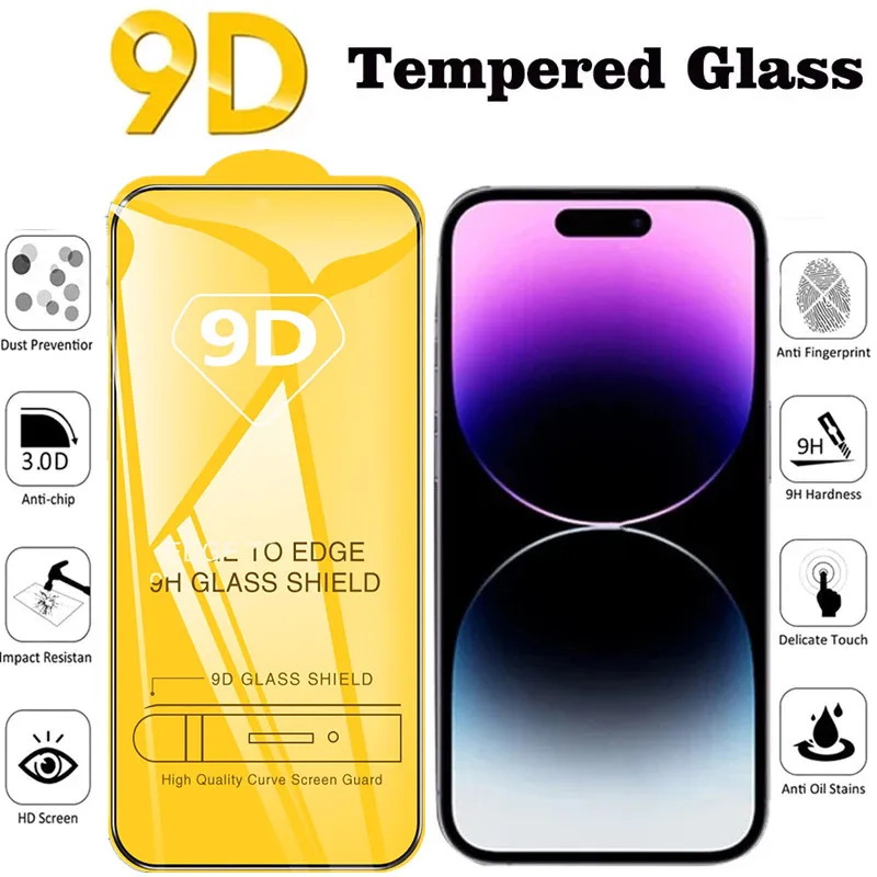 Protectores de pantalla 9D de vidrio templado para iPhone 17 16 Pro Max 18 16e 15 14 13 12 11, vidrio protector para iPhone X XR XS 7 8 Plus 2