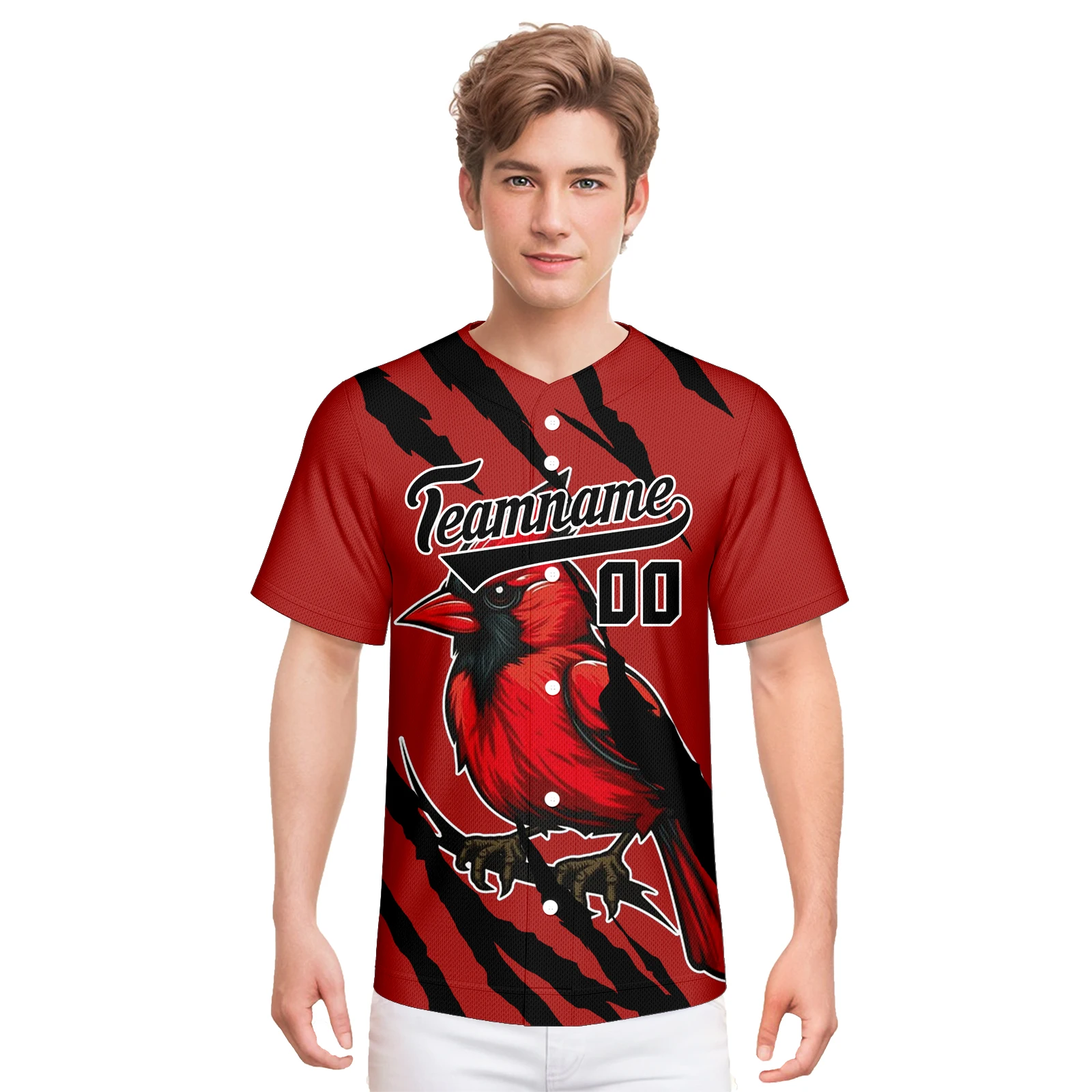 Custom Red Baseball Jersey with Bird and Claw Scratch Graphic Personalized Name Number Logo Shirt Men Women Youth Streetwear