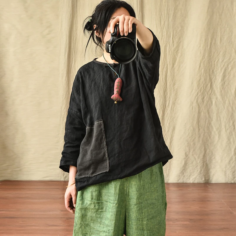 Oversized Women Long Sleeve Casual T-shirts New 2025 Spring Vintage Style O-neck Solid Color Female Cotton Linen Tops Tees M419