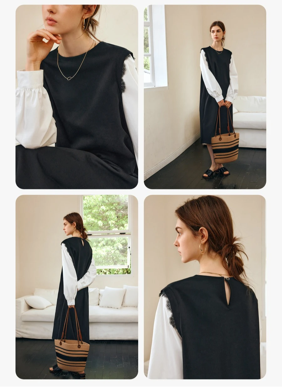 OLrain Black Dress Women's Spring 2025 New Design Sense Splicing Lace Temperament Straight Skirt M57Cl95960