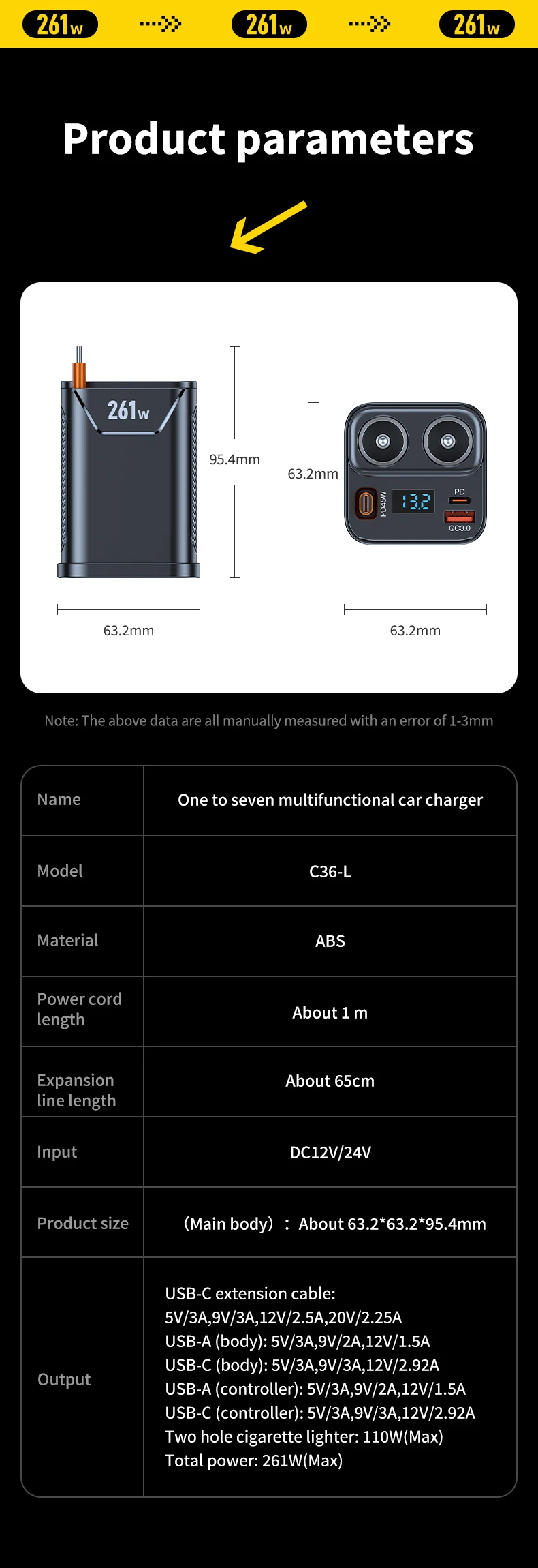 7-in-1-Zigarettenanzünder-Adapter, Getränkehalter, 261 W, Autoladegerät, Adapter mit PD45W-Aufladung, 24 V/12 V, Zigarettenanzünder-LED-Voltmeter – Detail 15