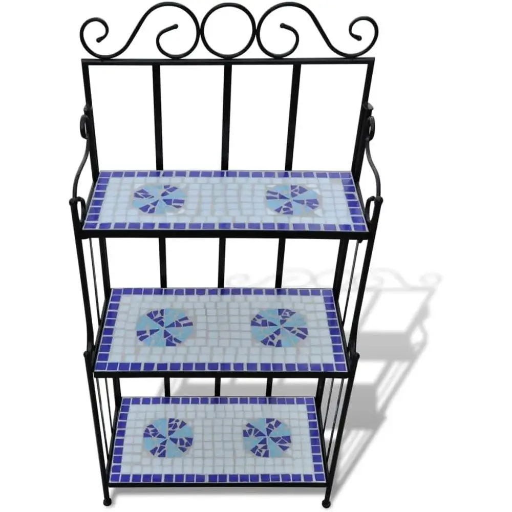 

3-Tier Blue and White Mosaic Iron Tile Stand for Indoor/Outdoor Garden, Balcony, Patio, Porch Storage and Display