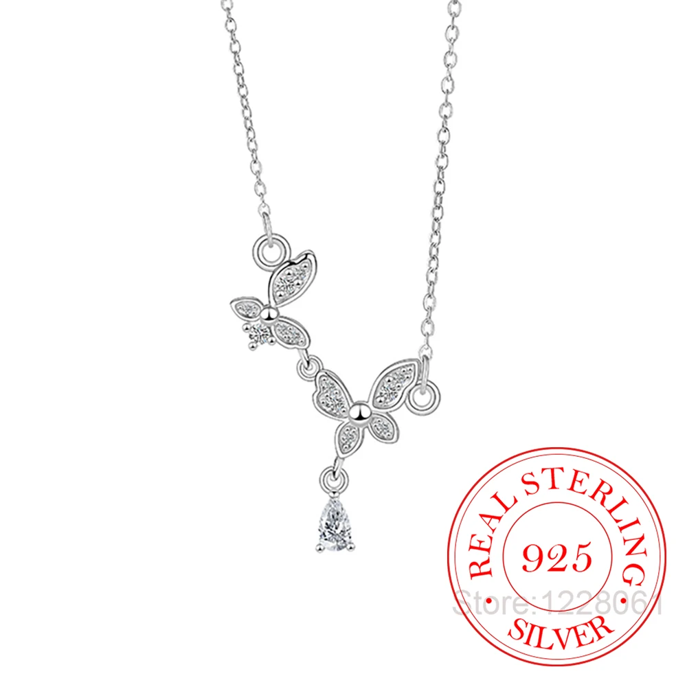 

925 Sterling Silver Jewelry Crystal Butterfly Tassel Pendant Necklace for Women Wedding Party Jewelry for Girls Friend Gift