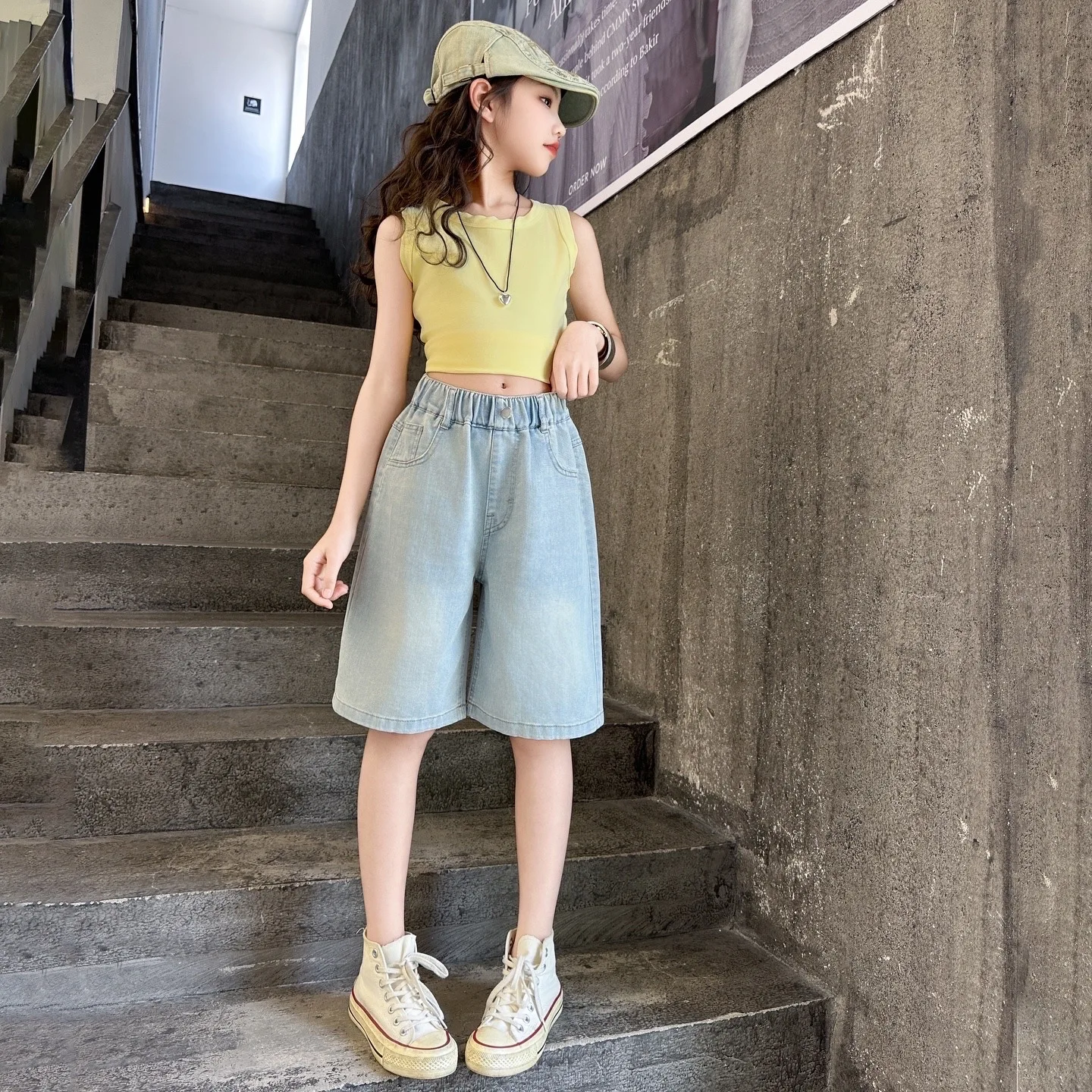 Summer Kids Denim Short Pants Five-point Trousers Children Denim Shorts with Pocket Bow for Tween Girl Casual Knee Length Jeans