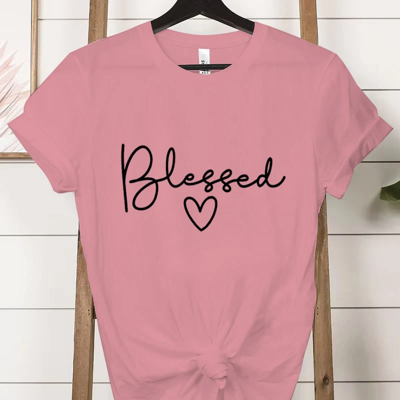 New Women Blessed Letter Print T-Shirt Vintage Heart Pattern Short Sleeve T Shirt Simple Fashion Female Y2K Tops Blessed Tees