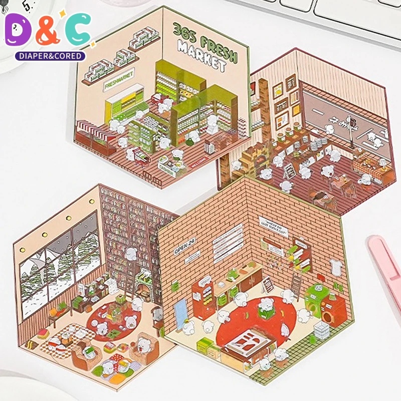 1Set Fun Supermarket Baking Shop Cute Korean Cartoon Scene Stickers For Adult Kids Relief Stress DIY 3D House Stickers