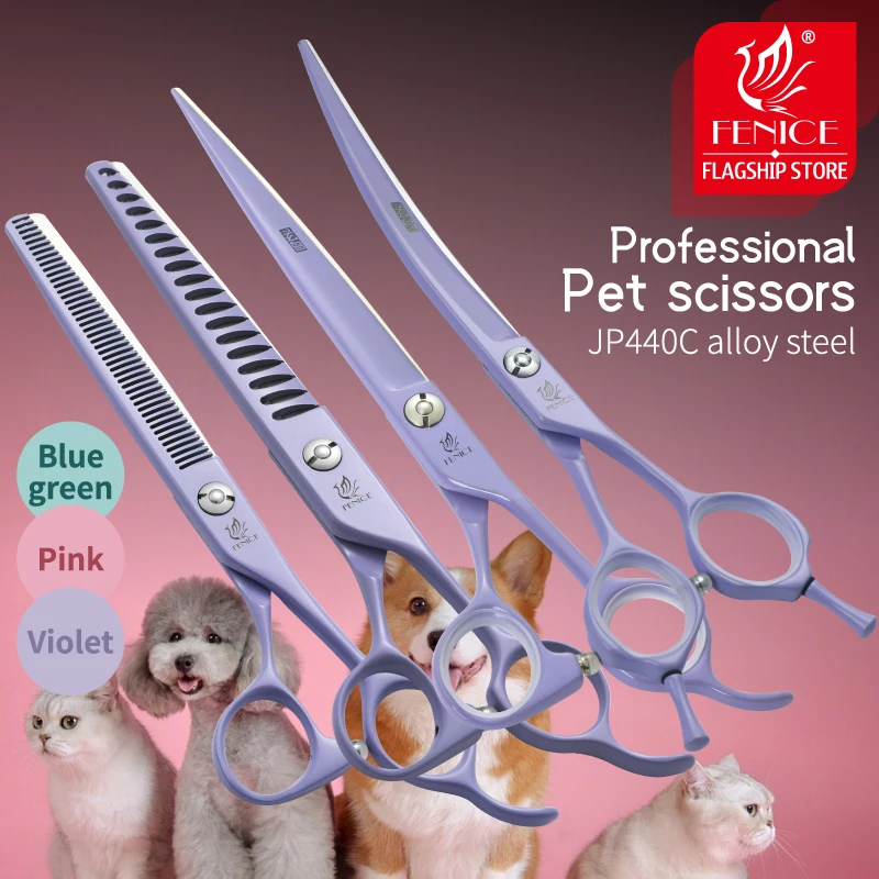 Fenice Professional 6.5/7 Inch JP440C Macaron Colorful Straight Cutting Curved Thinning Chunker 4 pcs Set Pet Grooming Scissors