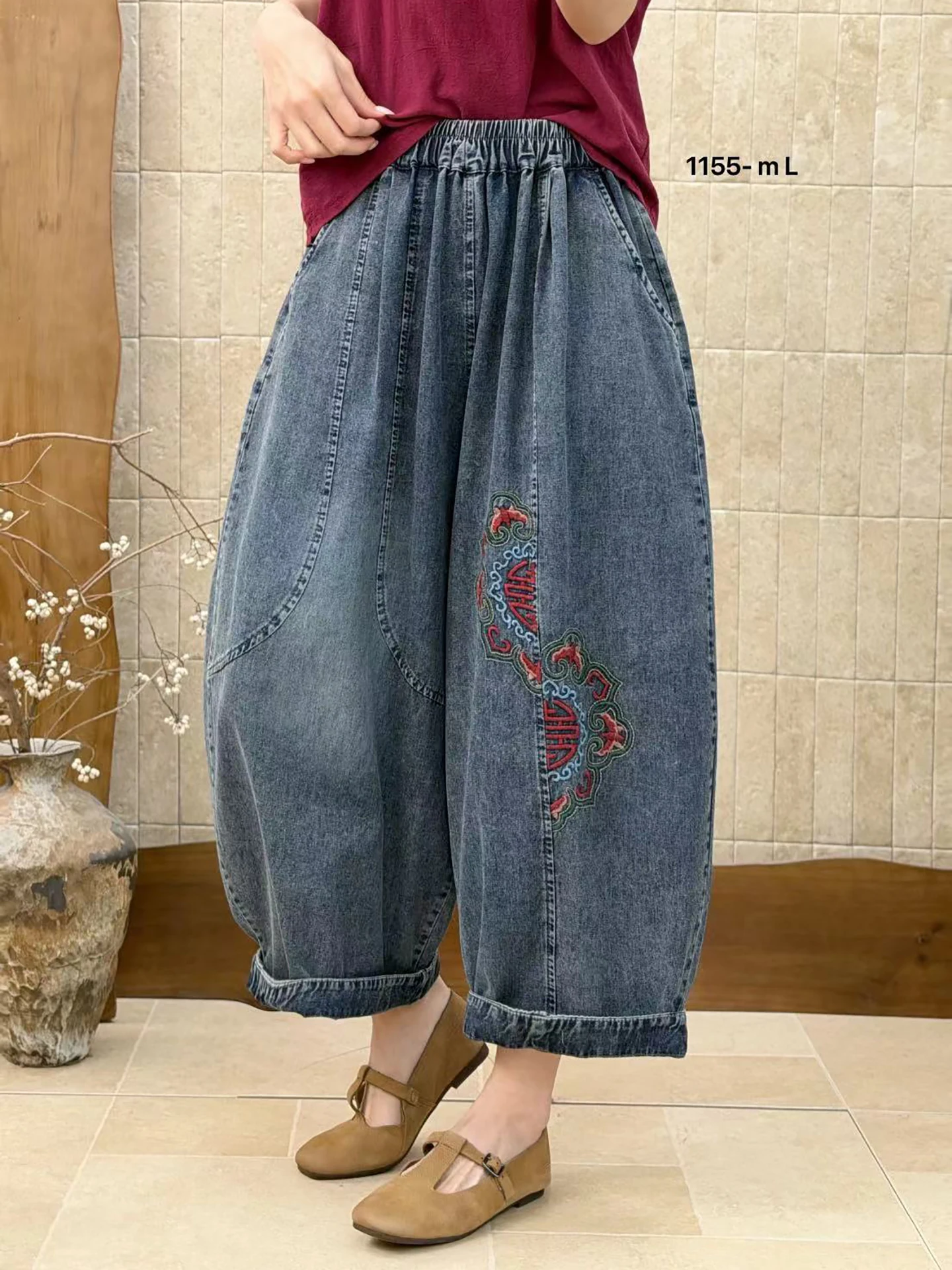 

Ethnic Embroidered Loose Wide Leg Jeans for Women plus Size Comfortable Casual Cotton Spring Autumn New Style Dad Pants