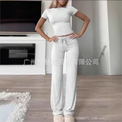 Lente dames tweedelige set 2025, nieuw casual pak, korte mouwen, slim fit top, lange broek, homewear, sportkleding, yogakleding voor dames