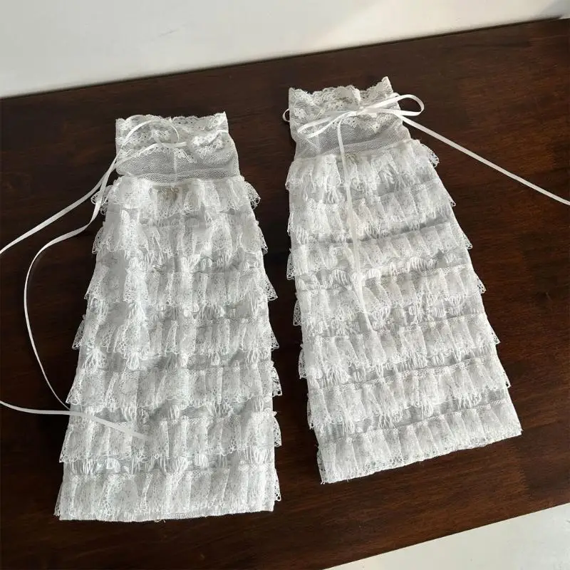 

L5YC Aesthetic Mesh Leg Warmers with Bows Ribbon Fairycore Boot Covers Sweet Tiered Ruffled Lace Knee Length Leg Sleeve Socks