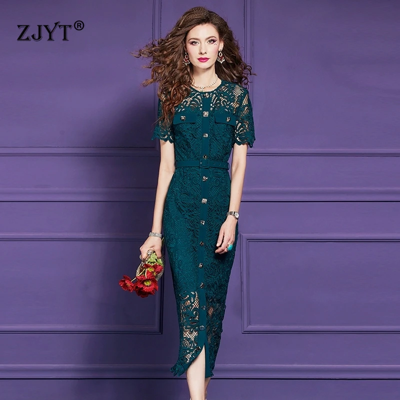 

ZJYT Runway 2025 Spring Summer Single Breasted Hollow Lace Dress Women Elegant Short Sleeve Midi Sexy Party Dress Plus Size 3XL