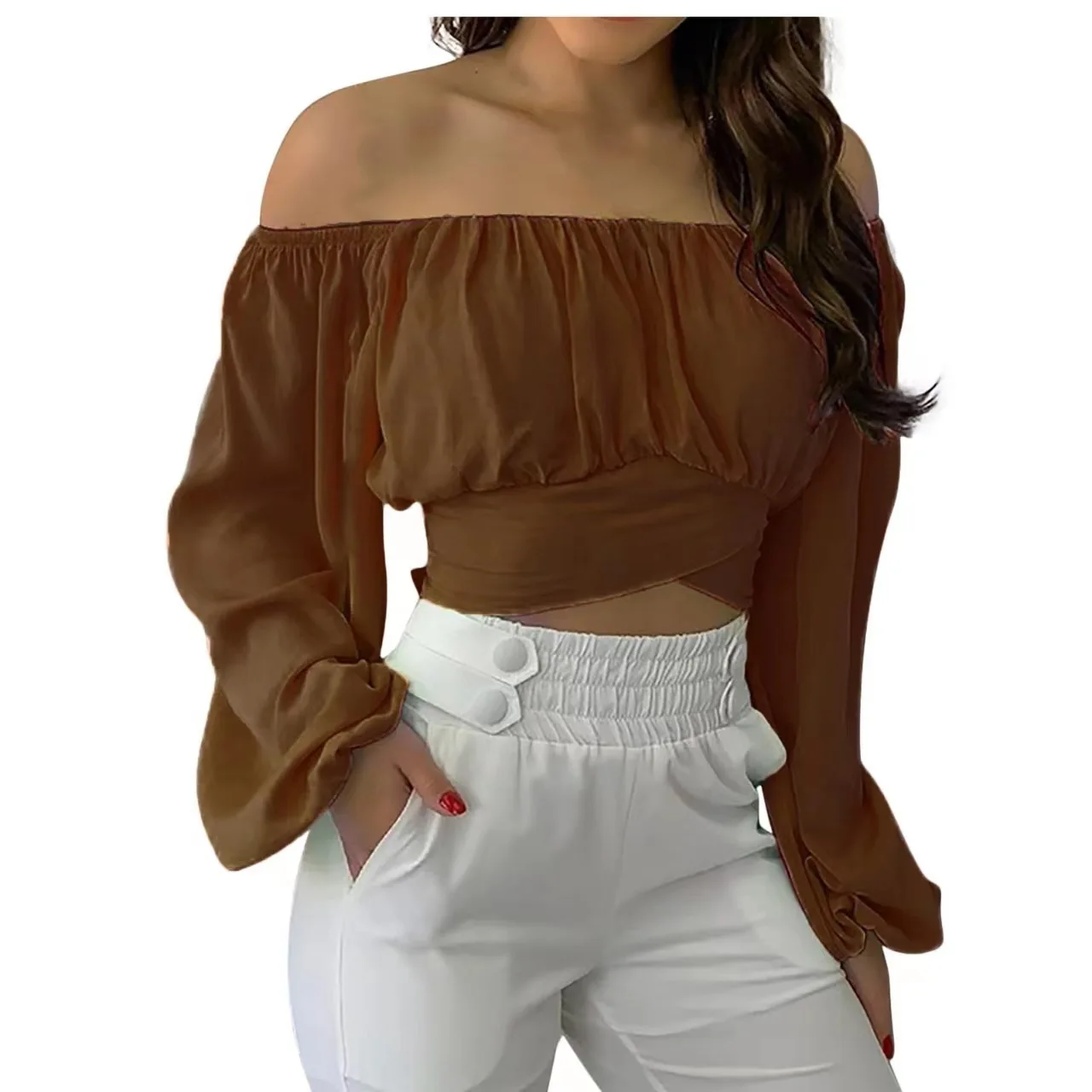 Women\'s Cute Off Shoulder Long Sleeve Self Tie Knot Crop Tube Top Blouse Summer Sexy Elegant Office Lady Shirt