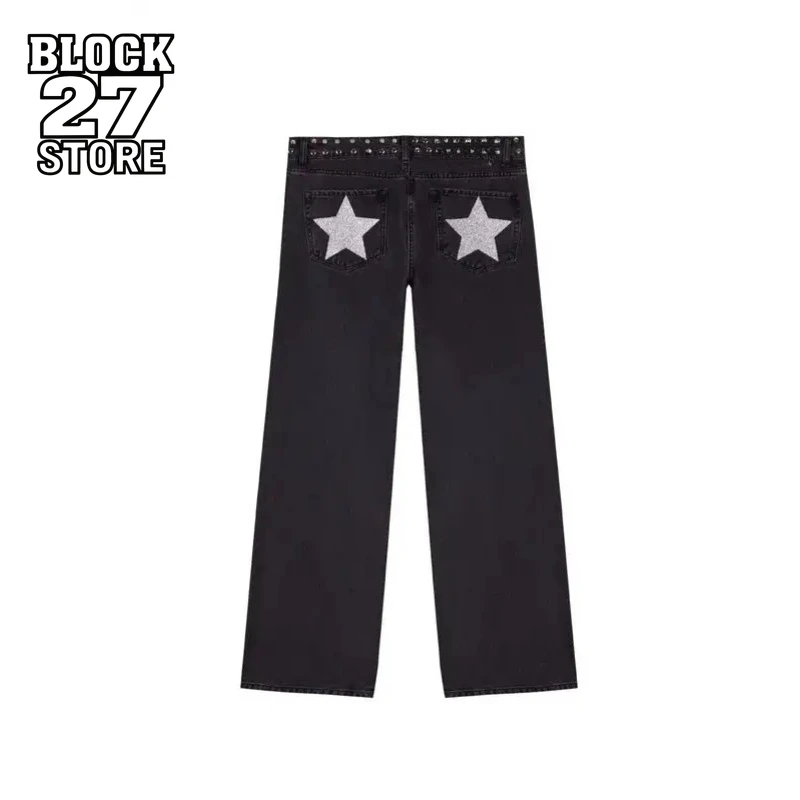 Mens Jeans Gothic Five Pointed Star Sequined Rivet Baggy Denim American Fashion Casual Mid Rise Slim Trousers Harajuku Style New
