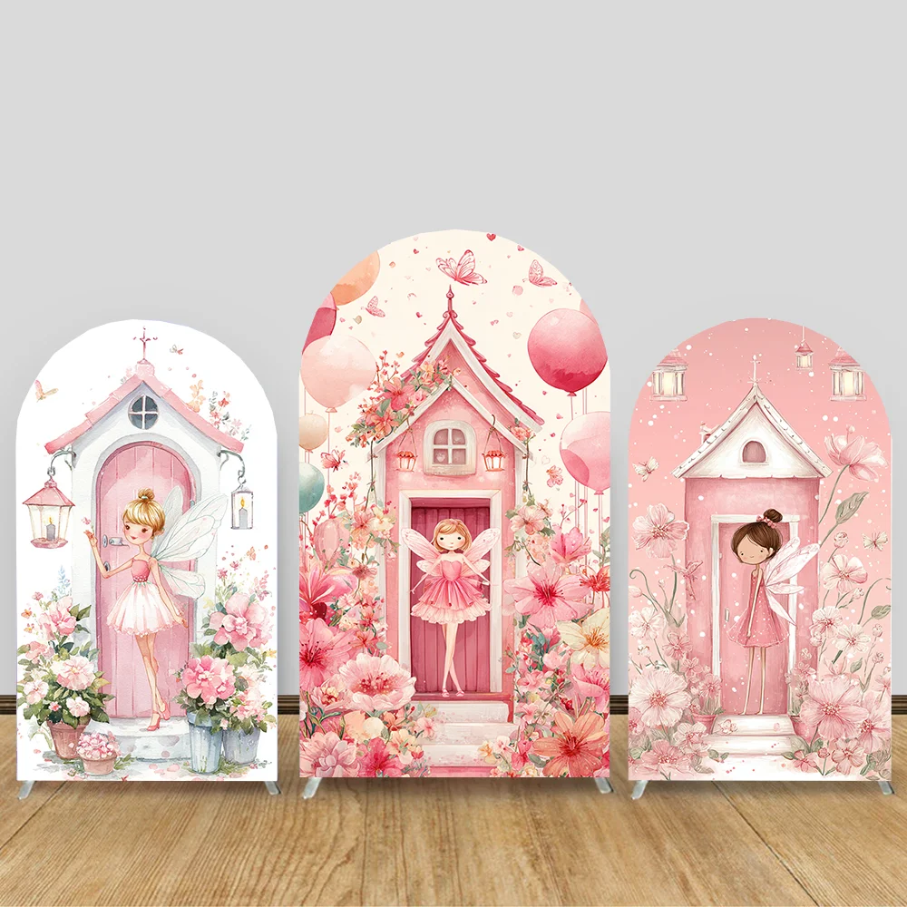 

Pink Fairy Garden Girl Party Arch Wall Curtain Backdrop Birthday Banner Decors Butterfly Flowers Mushroom Baby Shower Background