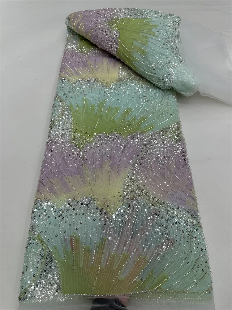 Новейшая африканская кружевная ткань с блестками, 2025 г., высококачественная кружевная сетчатая ткань с вышивкой бисером, 5 ярдов для женщин, свадебное платье