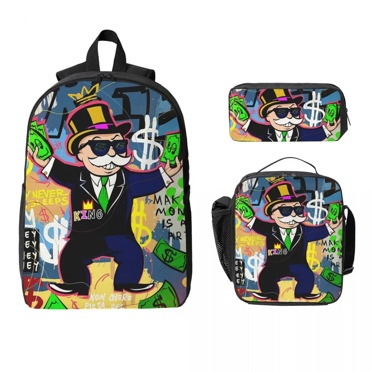 

Monopoly Man Holding Money - Pop Art Backpack BookBag School Bag Laptop Shoulder Bags 3ps Insulated Lunch Bag Pencil Case