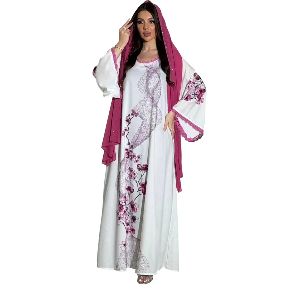 Print Casual Lace-up Arabian Dubai Abaya Fashion Muslim Dress Women Solid Party Holiday Long Sleeve Islamic Clothing with Belt