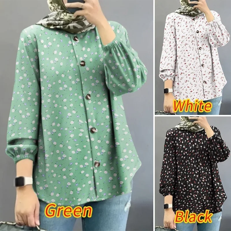 

Malay 2025 New Women's Muslim Floral Shirt with Fashionable Bubble Sleeves Robe Abaya Ramadan Dubai Luxury Islam Elegant