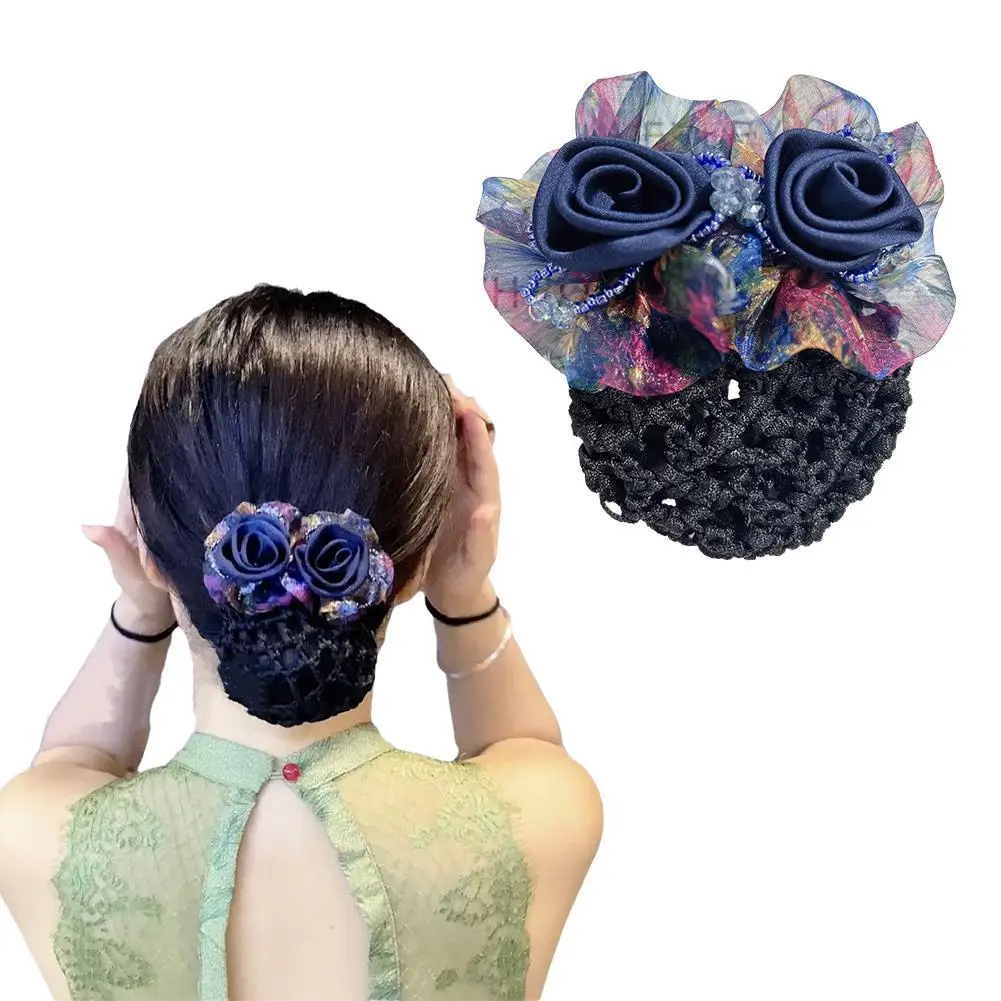 Elegant Mesh Flower Crystal Bun Snood Spring Clip For Women Nurse Flight Attendant Hair Clip Hairnet Cover Hairpins Girl Bu S8T2