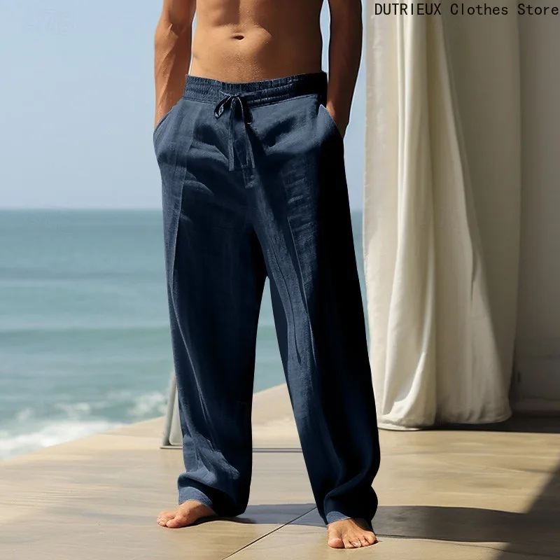 Men's Cotton and Linen Pants 2025 Summer Drawstring Elastic Waist Loose Breathable Casual Long Trousers High Street Trend Item
