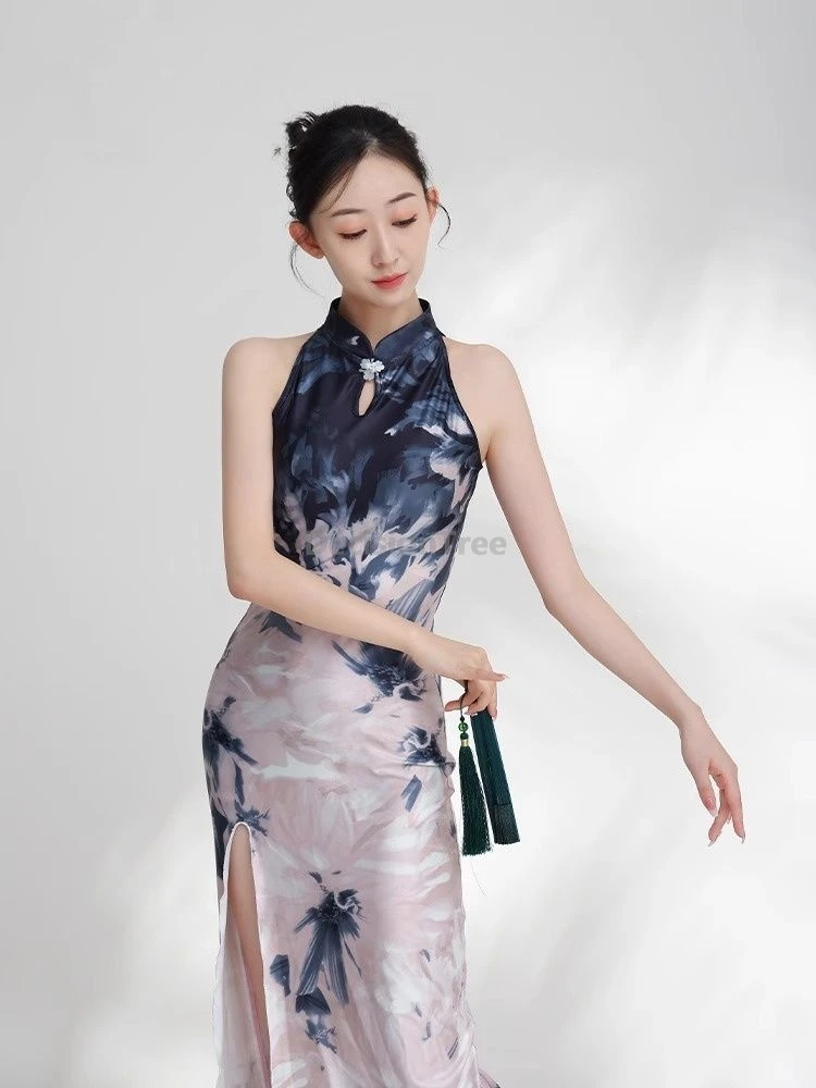 Classical Dance Sleeveless Qipao High Slits Dancing Dress Chinese-style High Stretch Printing Stage Performances Slim Cheongsam