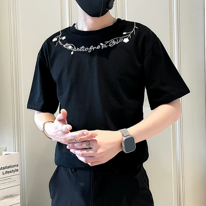 

Summer Letter Embroidered Round Neck T-shirt for Men Short Sleeved Casual Tshirts Streetwear Hip-hop Harajuku T-shirts