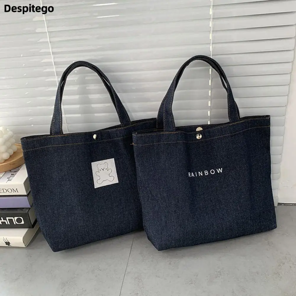 Letter Canvas Bag Portable Phone Pockets Shoulder Bag Lunch Bag Large Capacity Denim Handbag Outdoor