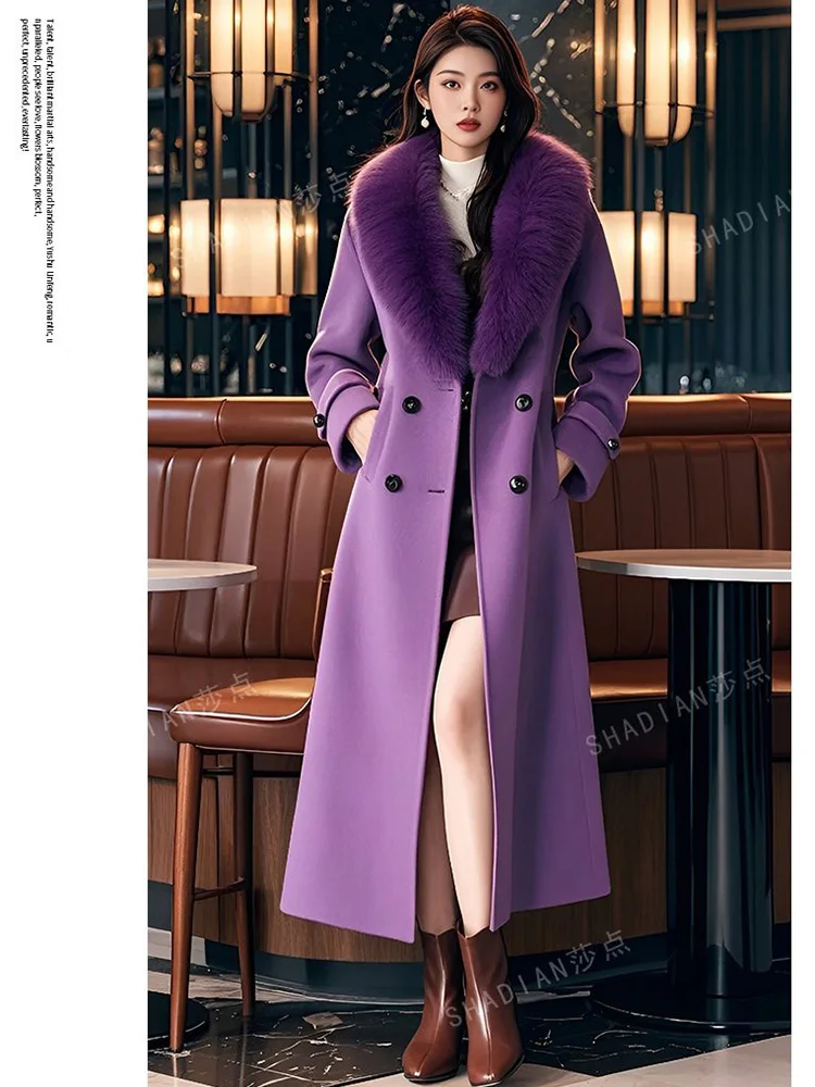 New Women Autumn Winter Cotton Liner Woolen Coat Fashion Fur Collar Double Breasted Slim Wool Blends Coat Elegant Thick Coat