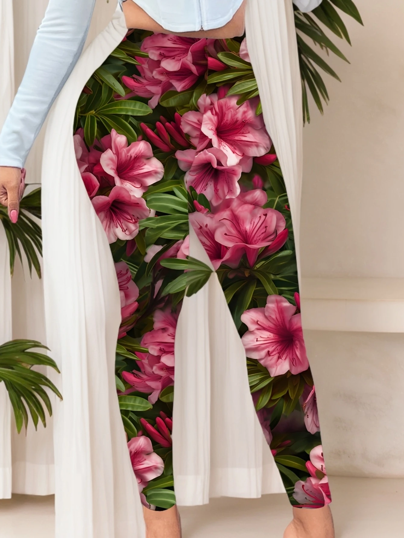 Women Mid‑Waist Fleece Lined Leggings, Tropical Pink Floral Full Print, Slim Warm Bohemian Street Casual Pants