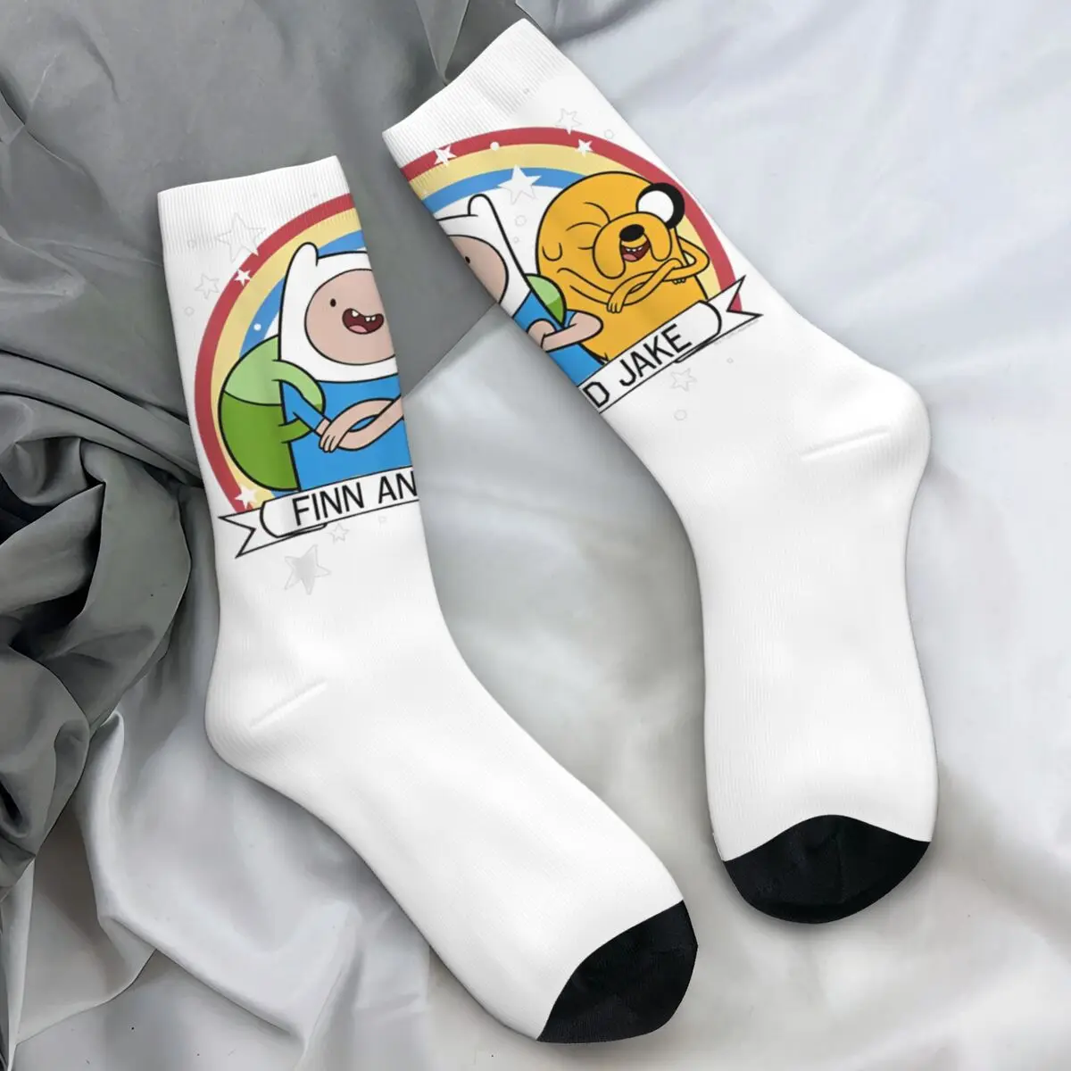 Adventure Time Stockings Finn And Jake Rainbow Stars Portrait Socks Autumn Non-Slip Socks Men's Running Sports Medium Soft Socks