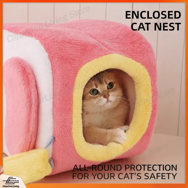 Winter Warm Cat Bed Enclosed Cave House Windproof Soft Plush Pet Nest Cozy Sleeping Bag for Indoor Cats Dogs Puppy Kitten