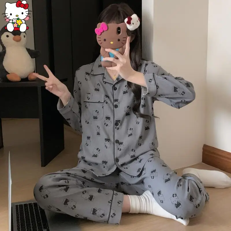 Hot Anime Hello Kitty Damen-Pyjama, neues Cartoon-Bild, Kawaii, süßer Stil, Komfort, verdickt, warm, Heimkleidung, Teenager zu Hause