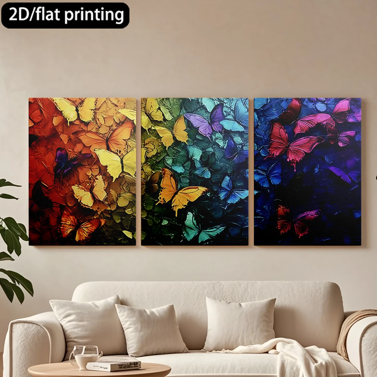 

Декоративная картина на холсте из трех панелей, коллаж, разноцветные бабочки, спектр цветов.