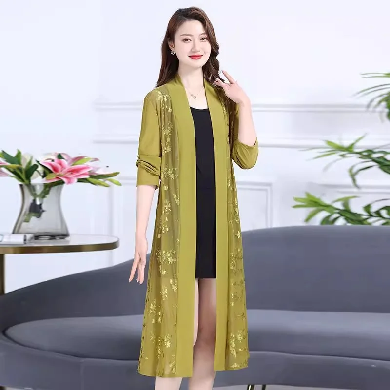 Women Lace Hollow Shawl Coat Mid-length Women Summer Long-Sleeved Cloak Coat Female Thin Air-Conditioning Shirt Sunscreen Clothe