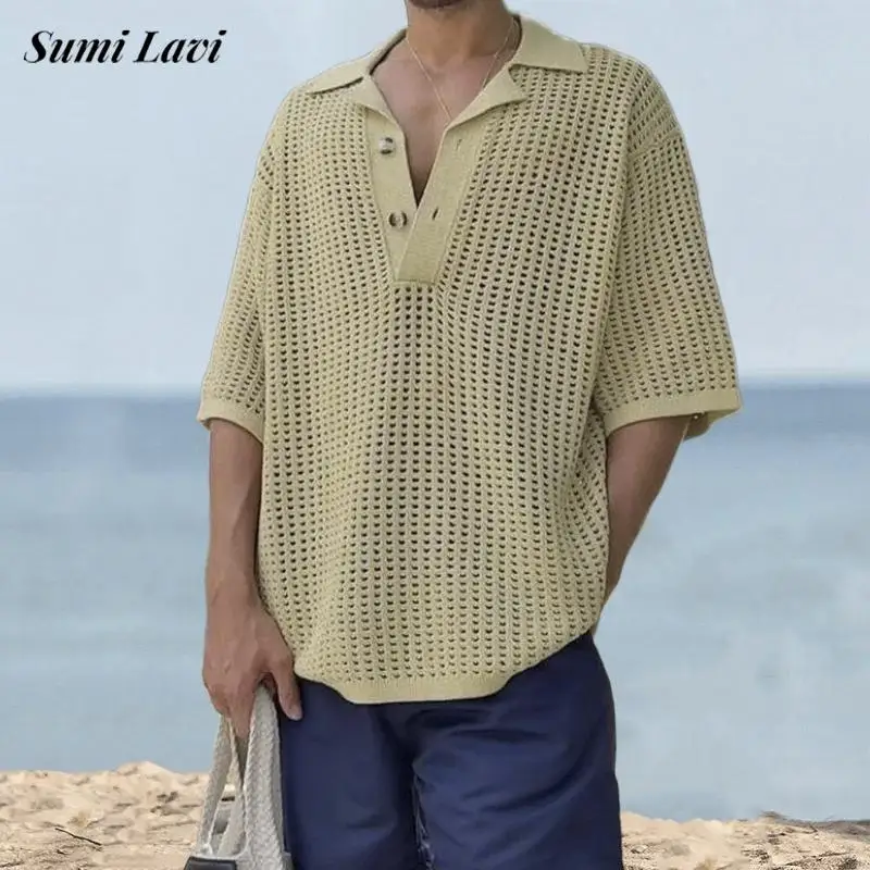 

Fashion Mesh Hollow Out Knitted Polo Shirts Men Spring Summer Casual Solid Color Buttoned Lapel Tops For Mens Vintage Knit Tees