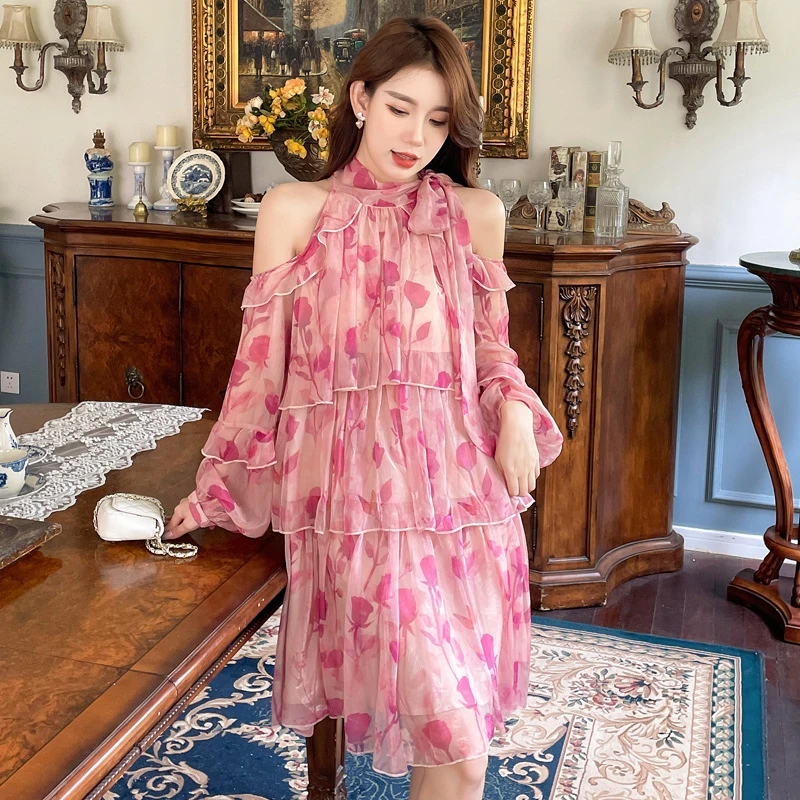 

Women Summer Dress Ruffle Strapless Halter Sweet Sexy Female Clothing Fashion Broken Flower Vintage Chiffon Elegant Robe Dresses