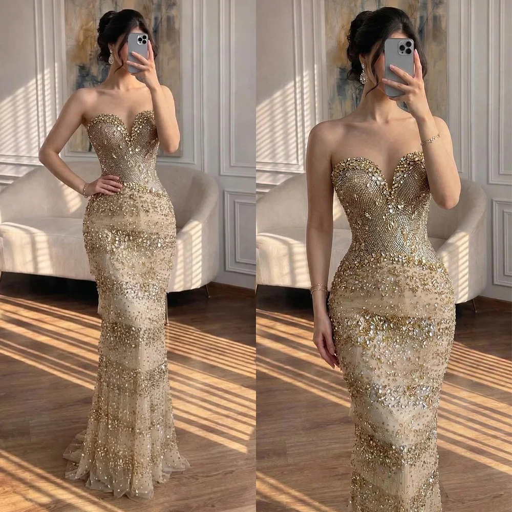 

Elegant Evening Dresses Appliques Lace Beads Sequins Sweetheart Lace-Up Back Prom Dress Sweep Train Vestido De Noite Customized