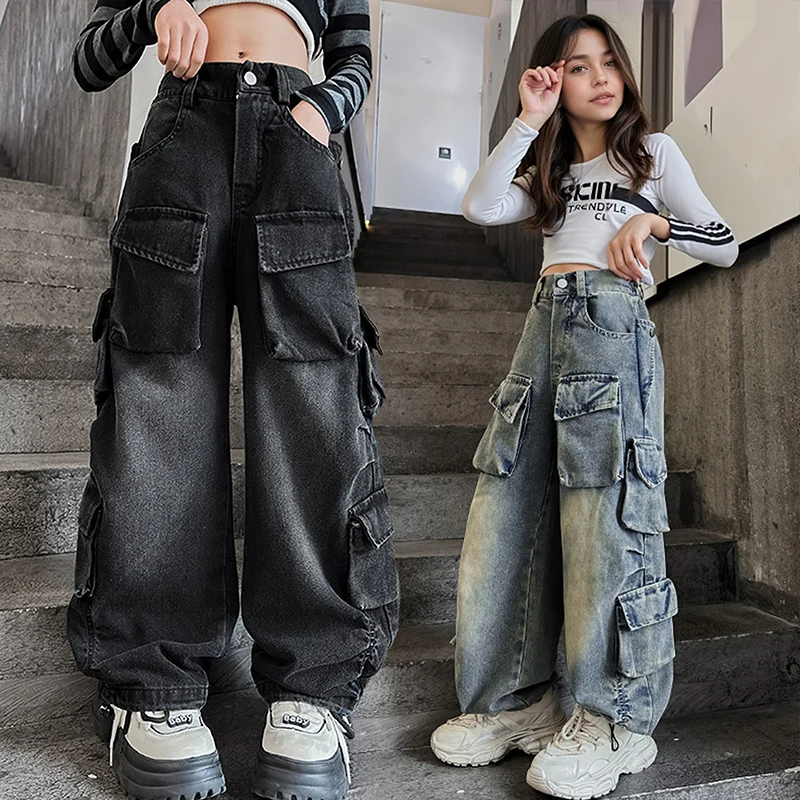 

Широкие джинсы для девочек, утягивающие прямые брюки, рабочая одежда с несколькими карманами, осенняя мода для детей 5–15 лет